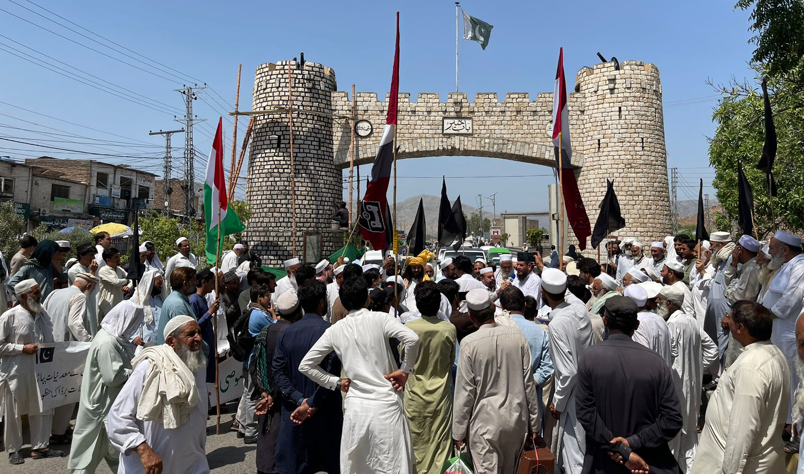 Protesters in Khyber tribal district observe "black day" against Pakistan’s northwestern tribal territories with the adjoining Khyber Pakhtunkhwa province in Jamrud, the main town of Khyber tribal district, on May 31, 2024. (FATA Qaumi Jirga)