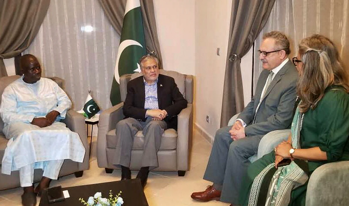Pakistan’s Deputy Prime Minister and Foreign Minister Ishaq Dar (2L) gestures during a meeting with the Gambian Minister of Petroleum and Energy Nani Juwara (left), Foreign Secretary of Pakistan Ambassador Muhammad Syrus Sajjad Qazi (2R) and Ambassador of Pakistan to Senegal accredited to the Gambia Saima Maymunah Sayed (right) in Banjul on May 1, 2024, ahead of the 15th OIC Islamic Summit Conference in Gambia. (Photo courtesy: MOFA)