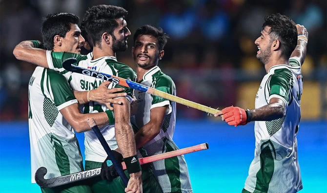 Pakistan's players celebrate after scoring a goal during the Asian Champions Trophy 2023 hockey tournament match between Pakistan and China at the Mayor Radhakrishnan Hockey Stadium in Chennai on August 7, 2023. (Photo courtesy: AFP/File)