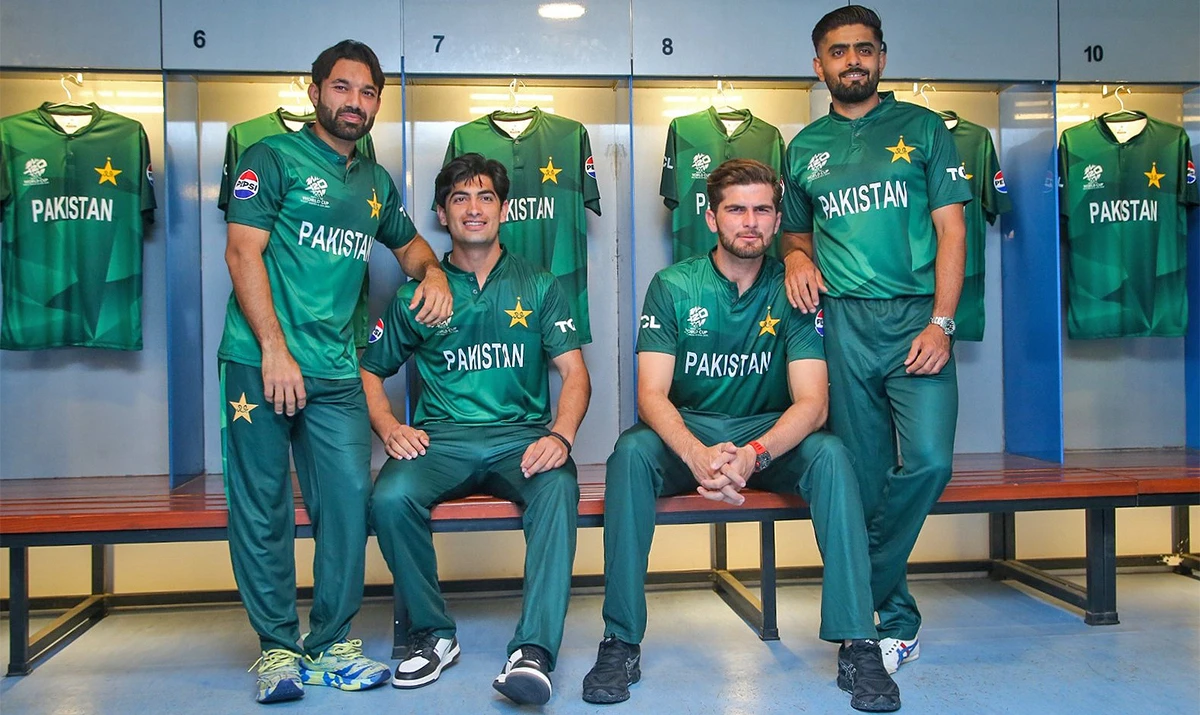 Pakistani players pose for a picture wearing national team’s kit for the upcoming T20 World Cup 2024 in Karachi, Pakistan on May 6, 2024. (PCB)