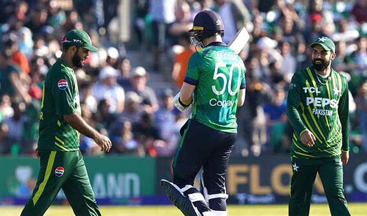 Ireland's George Dockrell, center, after being caught out by Pakistan's Fakhar Zaman, left, during the first T20 international match between Ireland and Pakistan at Castle Avenue Cricket Ground, Dublin, Ireland, Friday May 10, 2024. (AP/File)