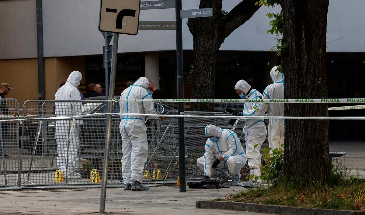 Police work at the scene after a shooting incident in which Slovak Prime Minister Robert Fico was wounded, outside the House of Culture in Handlova, Slovakia May 15, 2024. (REUTERS)