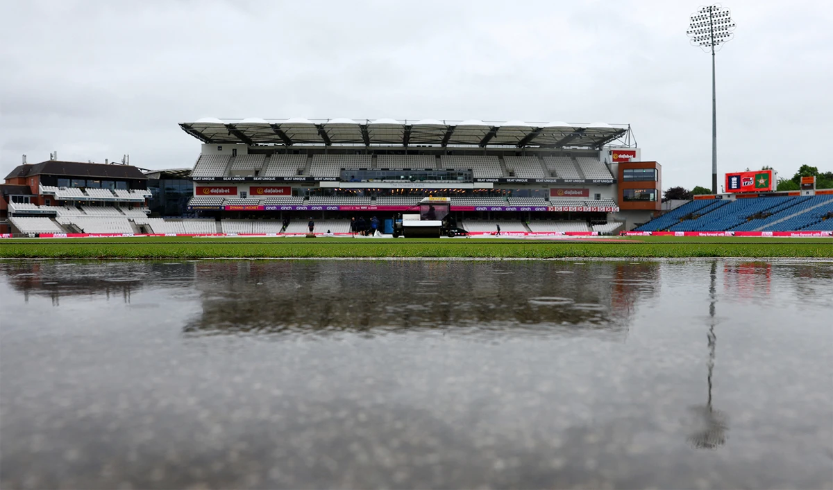The picture shared on May 22, 2024, shows a general view of a big screen inside the stadium displaying a message confirming England v Pakistan T20I match has been abandoned at Headingley Cricket Ground in Leeds, Britain. (REUTERS)