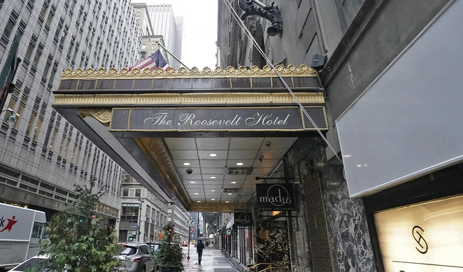 The entrance of the Roosevelt Hotel, a historic luxury hotel in Midtown Manhattan, is seen in New York on October 12, 2020. (AFP)
