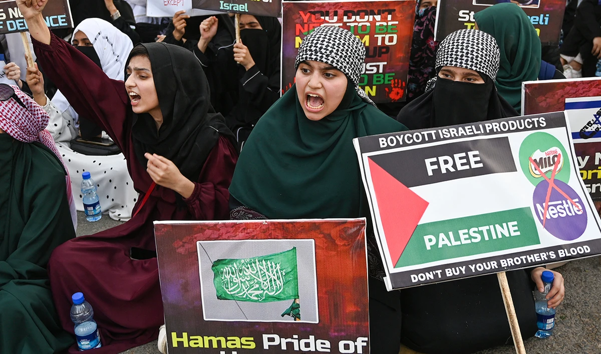 Islami Jamiat-e-Talaba (IJT) activists protest against Israel's attack on Rafah, in Islamabad on May 10, 2024. (AFP/File)