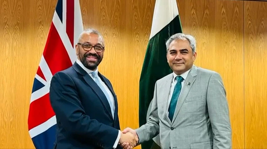 Pakistan's interior minister Mohsin Naqvi (left) meets British Home Secretary James Cleverly in London on May 31, 2024. (Radio Pakistan)