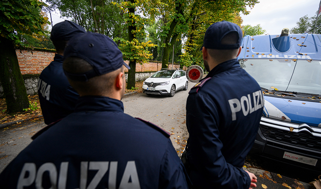 Italian border police controls the traffic on the Slovenian-Italian border crossing in Rozna Dolina, near Nova Gorica, Slovenia, on October 25, 2023. (AFP/File)