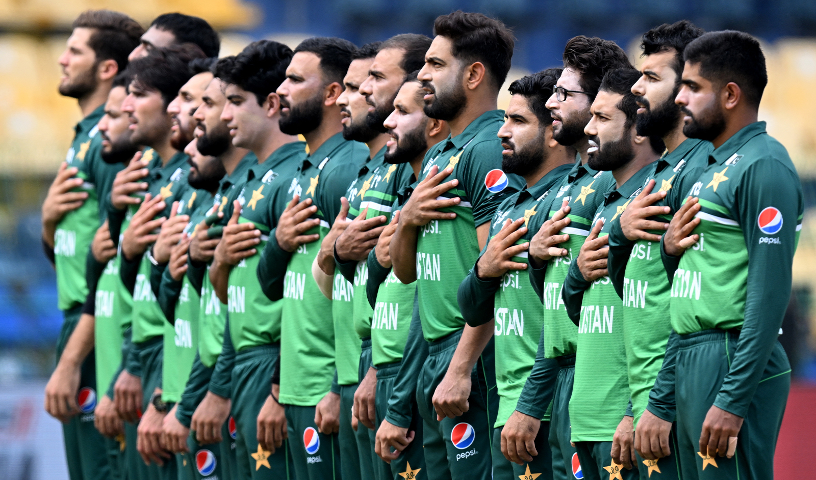 Pakistan's players stand for the national anthem before the start of the Asia Cup 2023 super four one-day international (ODI) cricket match between India and Pakistan at the R. Premadasa Stadium in Colombo on September 10, 2023. (AFP/File)