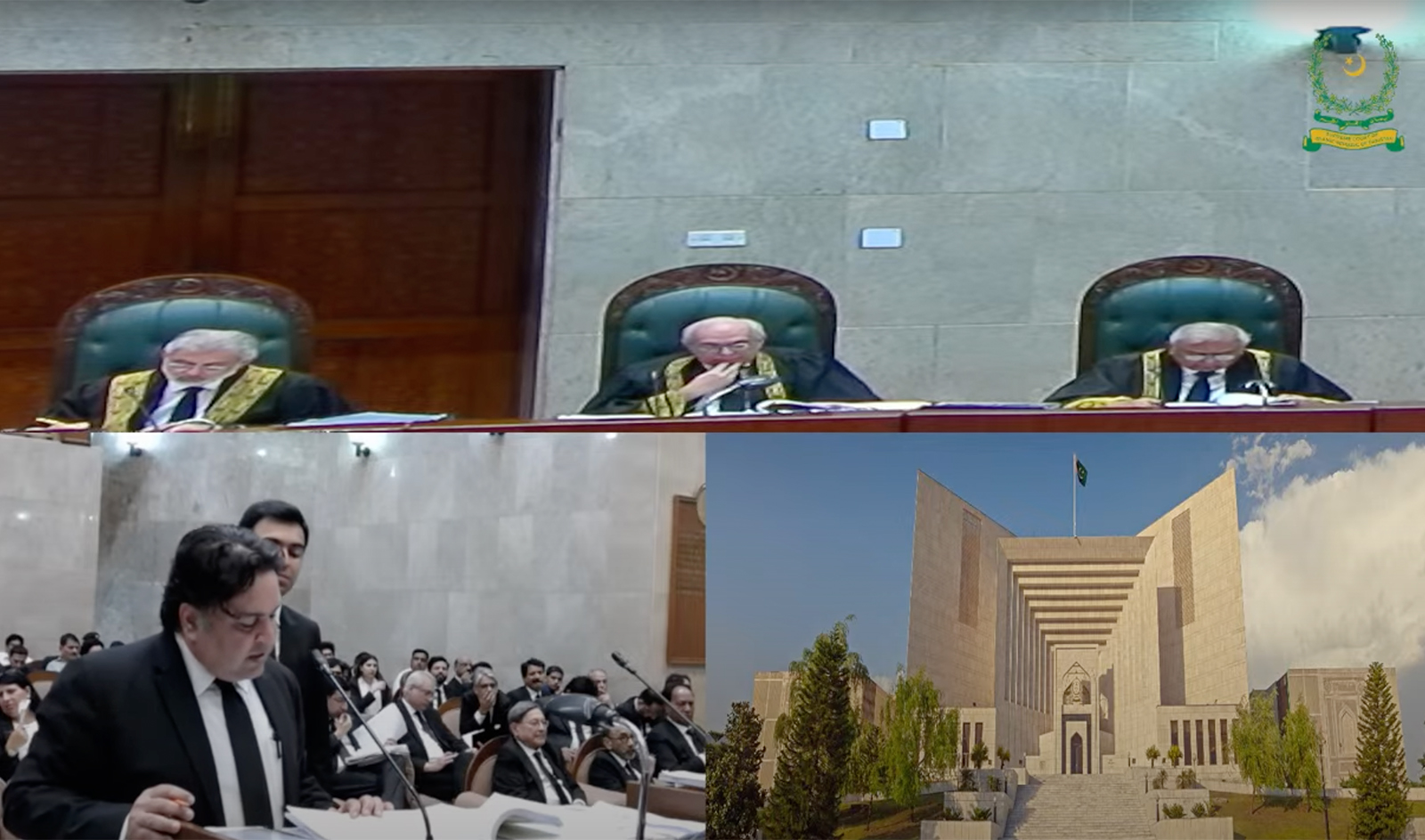 The screengrab taken from Supreme Court of Pakistan YouTube channel on June 3, 2024, shows a full-court bench hearing a plea filed by the Sunni Ittehad Council (SIC) party, backed by former prime minister Imran Khan, challenging the order by a high court which denied it reserved seats for women and minorities in parliament. (SCP)