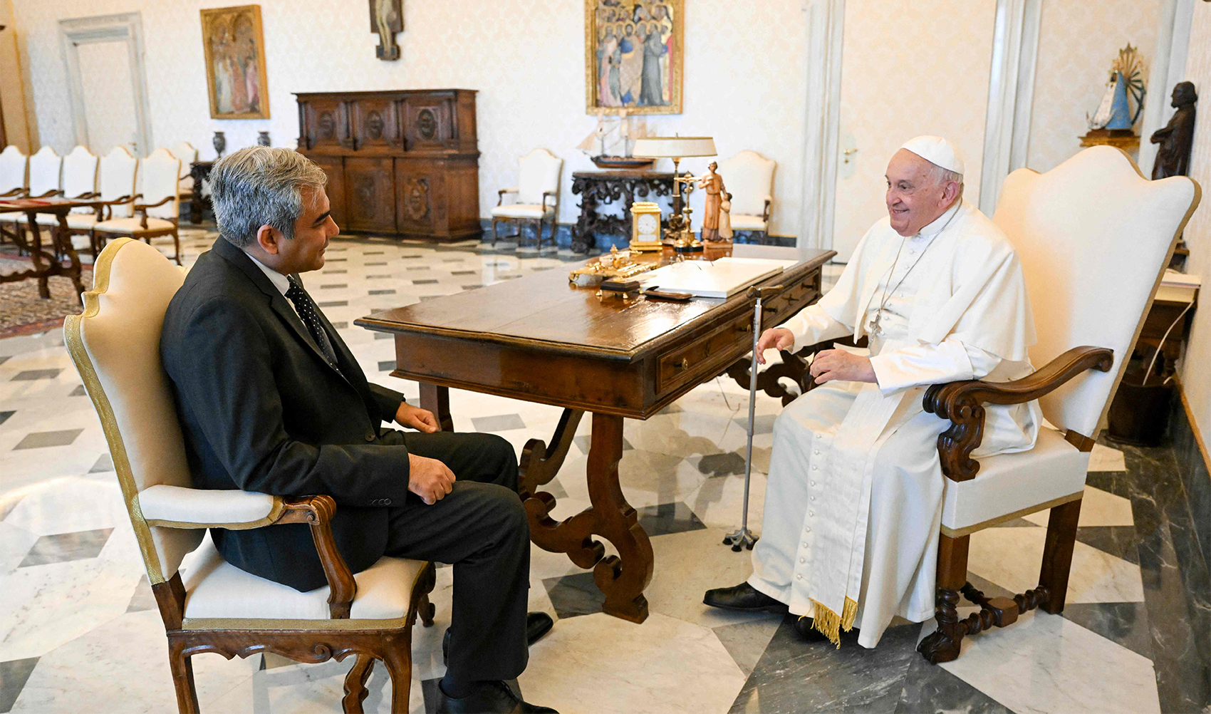 This photo taken and handout on June 3, 2024 by The Vatican Media shows Pope Francis during a meeting with Interior Minister of Pakistan, Naqvi Mohsin, in The Vatican. (AFP/VATICAN MEDIA)