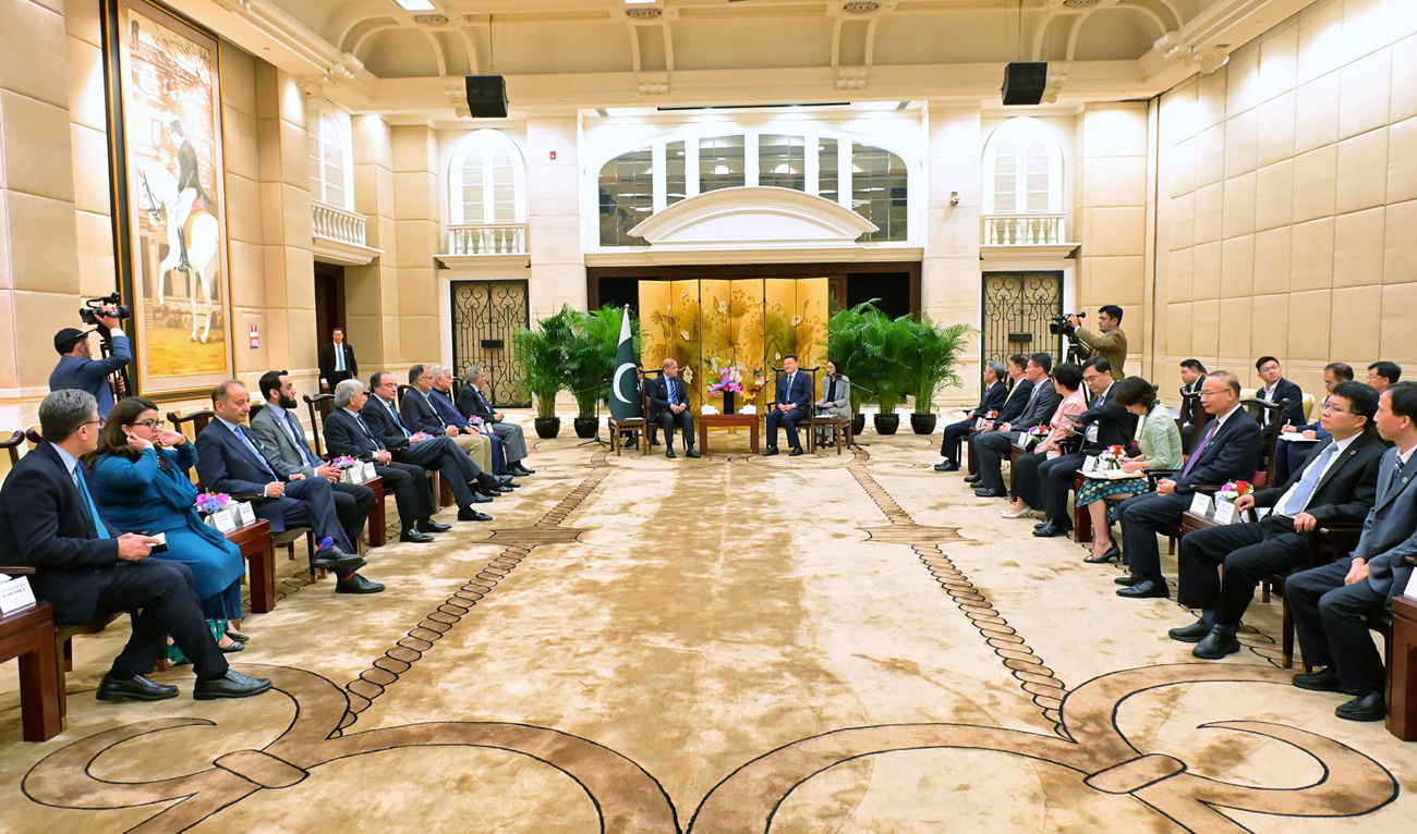 In this handout photograph, taken and released by Prime Minister Office, Pakistan Prime Minister Shehbaz Sharif Prime Minister (center, right) meets Meng Fanli (center left), Party Secretary of Shenzhen Municipal Committee, and Deputy Party Secretary of Guangdong Provincial Committee in Shenzhen, China on June 4, 2024. (Photo courtesy: PMO)