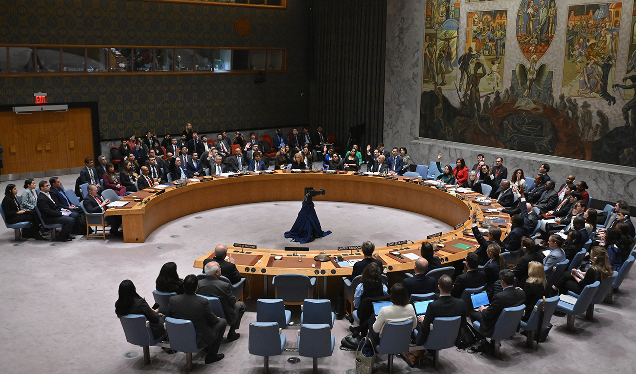 The UN Security Council votes on a resolution allowing Palestinian UN membership at United Nations headquarters in New York, on April 18, 2024, during a United Nations Security Council meeting on the situation in the Middle East, including the Palestinian question. (AFP/File)