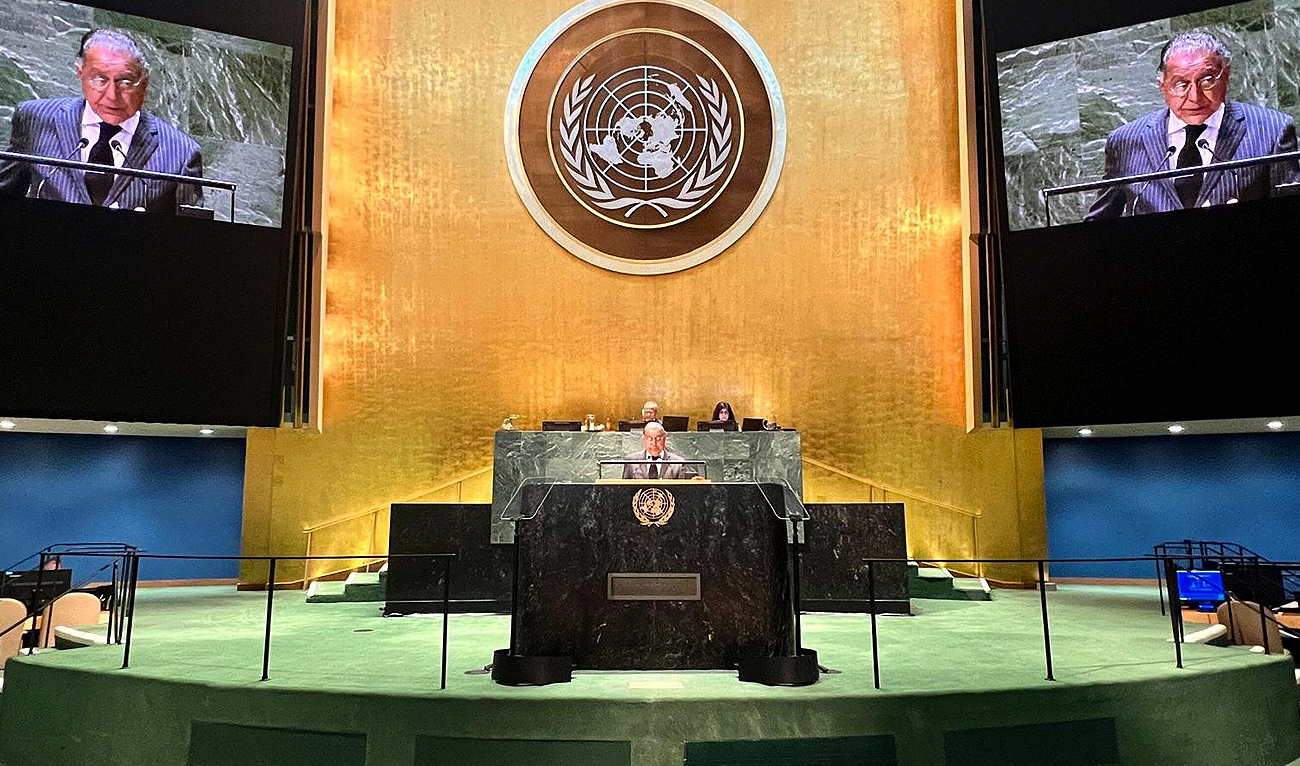 Pakistan’s Permanent Representative to the United Nations Ambassador Munir Akram speaks during a General Assembly meeting to review Palestine’s application for full membership at the United Nations in New York on May 1, 2024. (Photo courtesy: Pakistan Mission to UN)