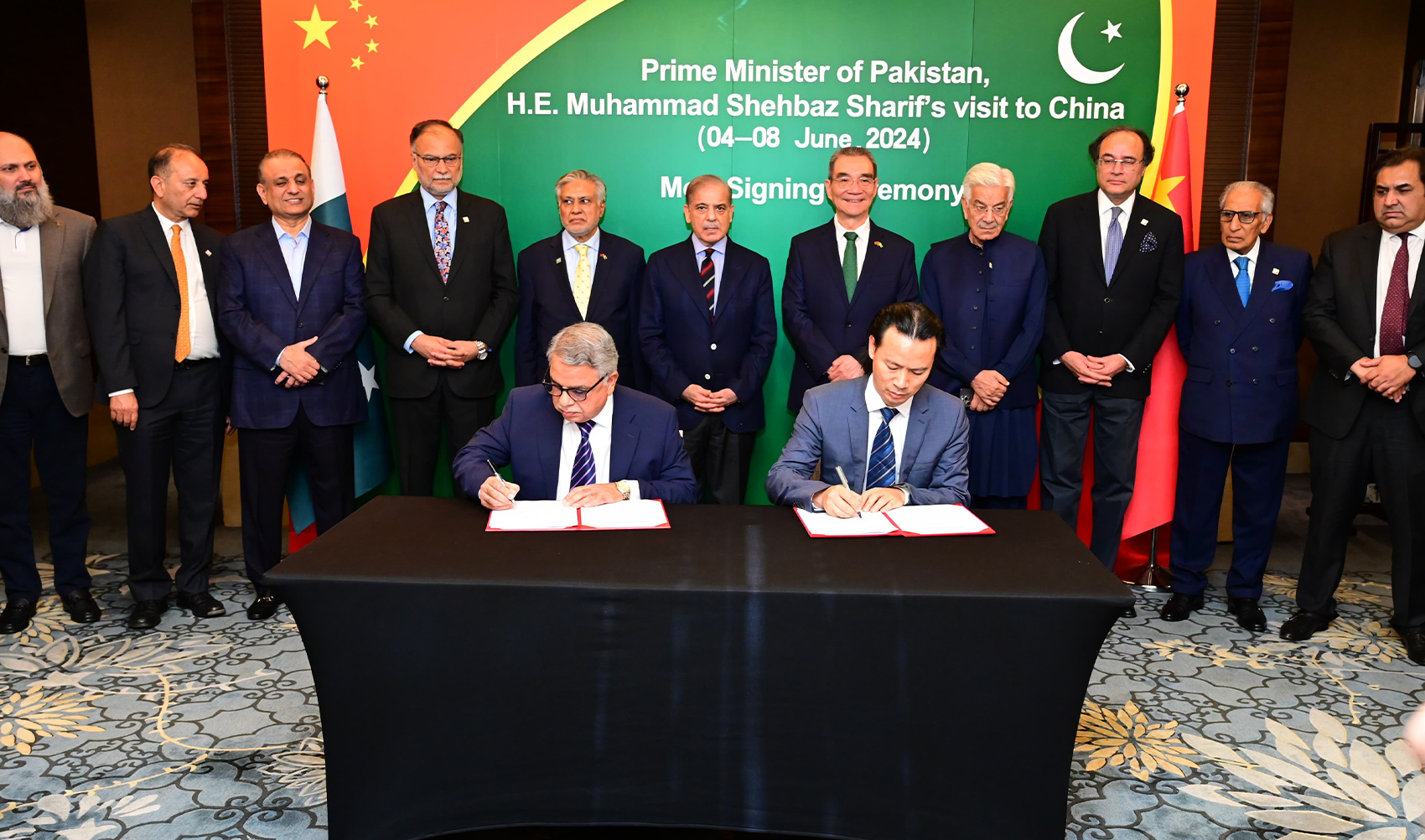 Pakistan Prime Minister Muhammad Shehbaz Sharif (sixth from left in the second row) witnesses signing multiple Memorandums of Understanding (MoUs) between China and Pakistan in Beijing, China, on June 6, 2024. (Government of Pakistan)