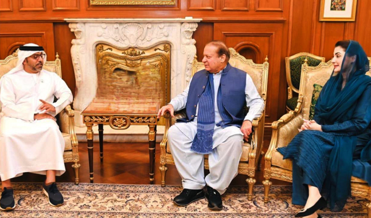 In this handout photograph, taken and released by UAE Embassy in Islamabad, UAE Ambassador to Pakistan Hamad Obaid Alzaabi (left) meets Nawaz Sharif (center), President of the ruling Pakistan Muslim League-Nawaz party, Punjab Chief Minister Maryam Nawaz Sharif in Murree on June 6, 2024. (Photo courtesy: X/@uaeembassyisb)