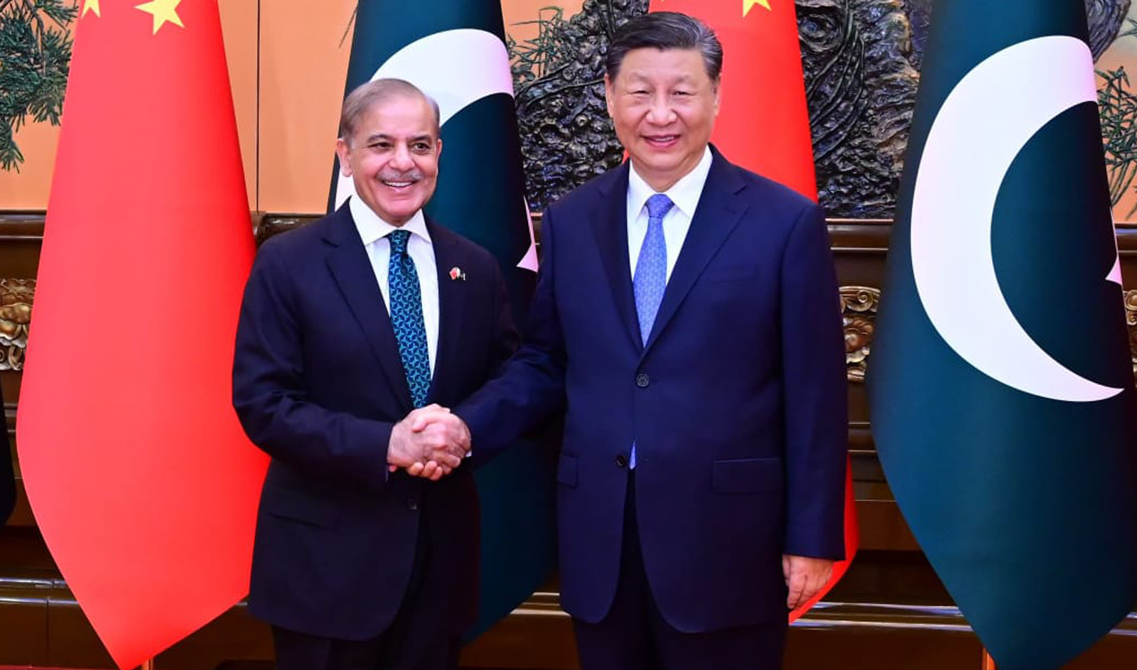 Pakistan Prime Minister Shehbaz Sharif (left) meets Chinese President Xi Jinping in Beijing, China, on June 7, 2024. (Government of Pakistan)