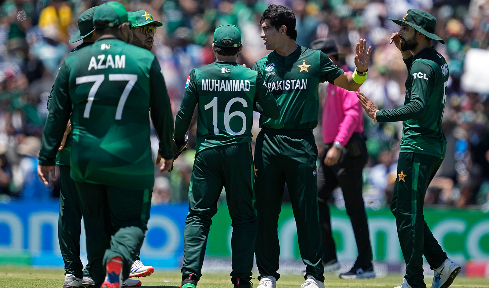 Pakistan's Naseem Shah, second right, celebrates with teammates after the dismissal of United States' Steven Taylor during the ICC Men's T20 World Cup cricket match between United States and Pakistan at the Grand Prairie Stadium in Grand Prairie, Texas, on June 6, 2024. (AP/File)