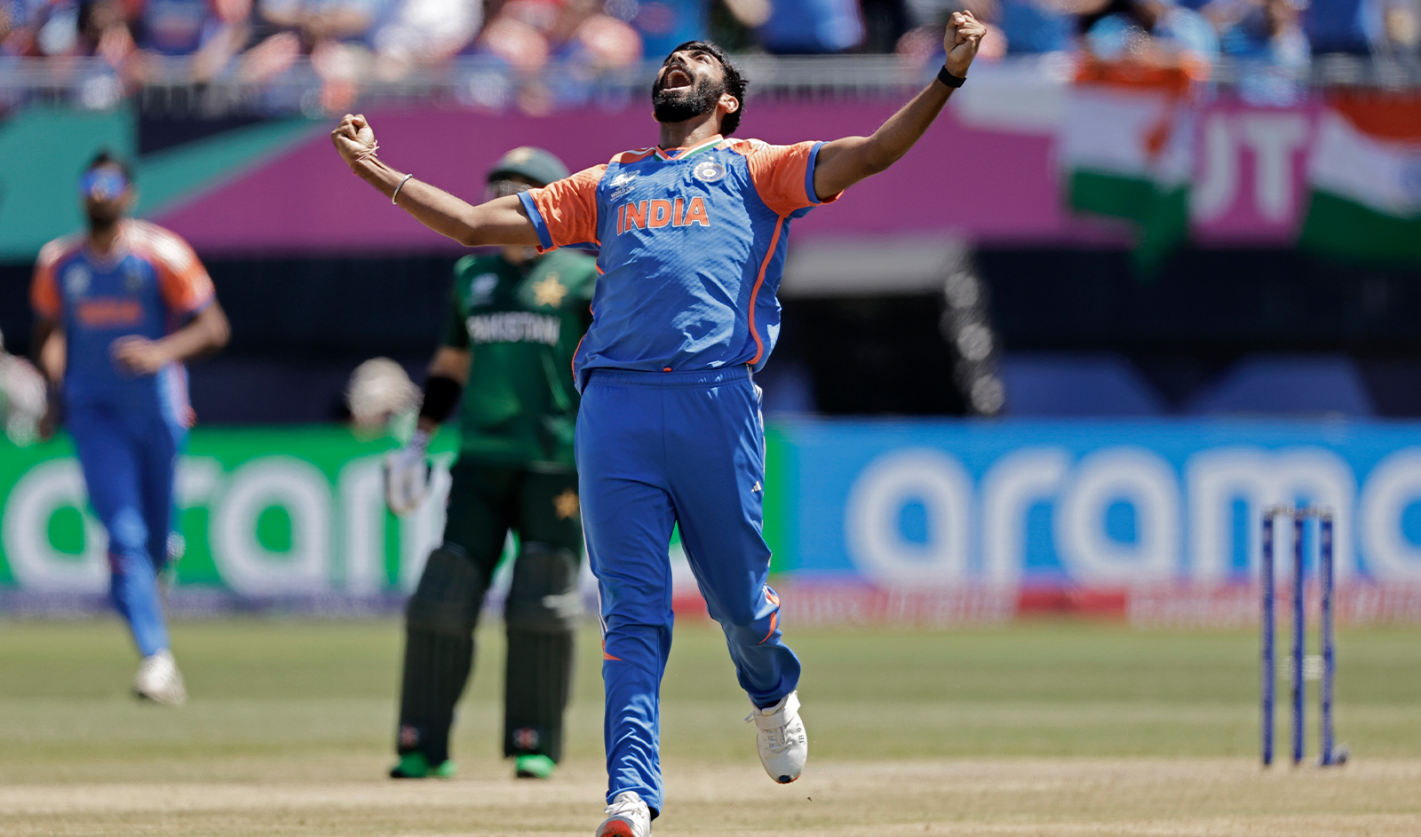 India's Jasprit Bumrah celebrates the dismissal of Pakistan's captain Babar Azam during the ICC Men's T20 World Cup cricket match between India and Pakistan at the Nassau County International Cricket Stadium in Westbury, New York, on June 9, 2024. (AP)