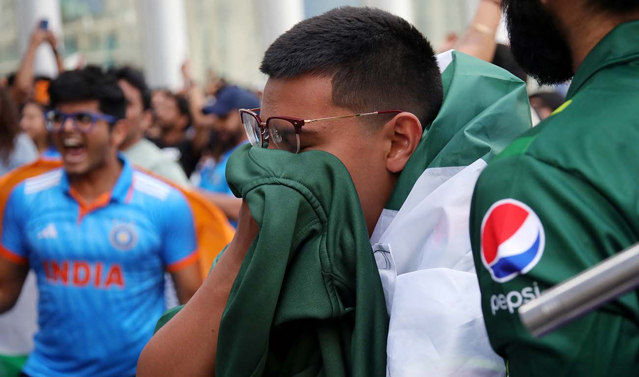 A supporter of Pakistan reacts to their loss to India at the Oculus in Lower Manhattan after watching the ICC men's Twenty20 World Cup 2024 group A cricket match between India and Pakistan, in New York City on June 9, 2024. (AFP)