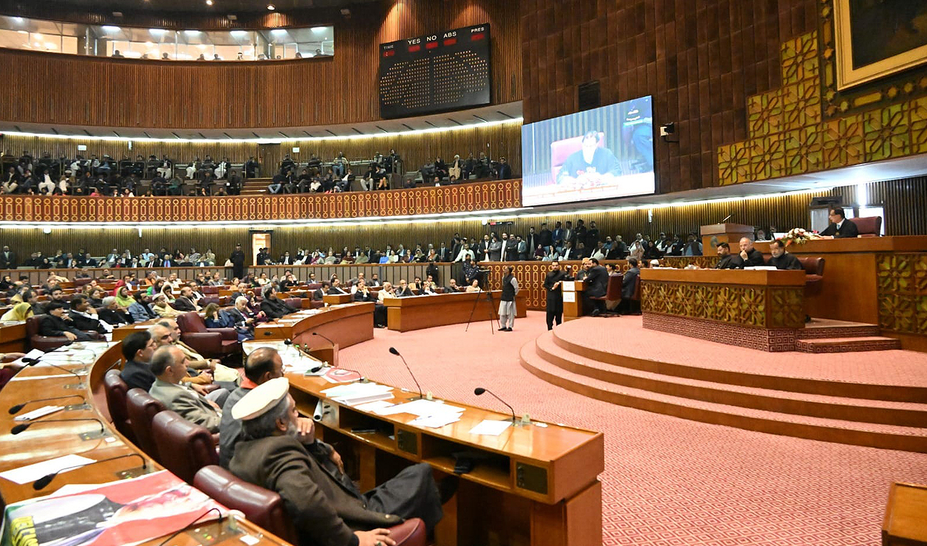 In this handout photo, taken and released by the Government of Pakistan, members of Pakistan’s lower house of the parliament attend the National Assembly meeting in Islamabad on March 1, 2024. (Photo courtesy: Facebook/ NationalAssemblyOfPakistan)