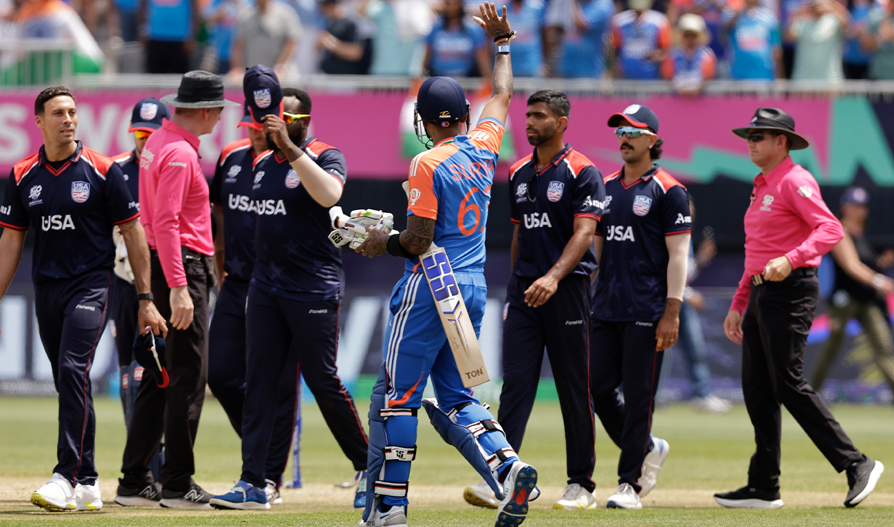 India's Suryakumar Yadav, center, waves towards the stands as he leaves the field after their win in the ICC Men's T20 World Cup cricket match between United States and India at the Nassau County International Cricket Stadium in Westbury, New York, on June 12, 2024. (AP)