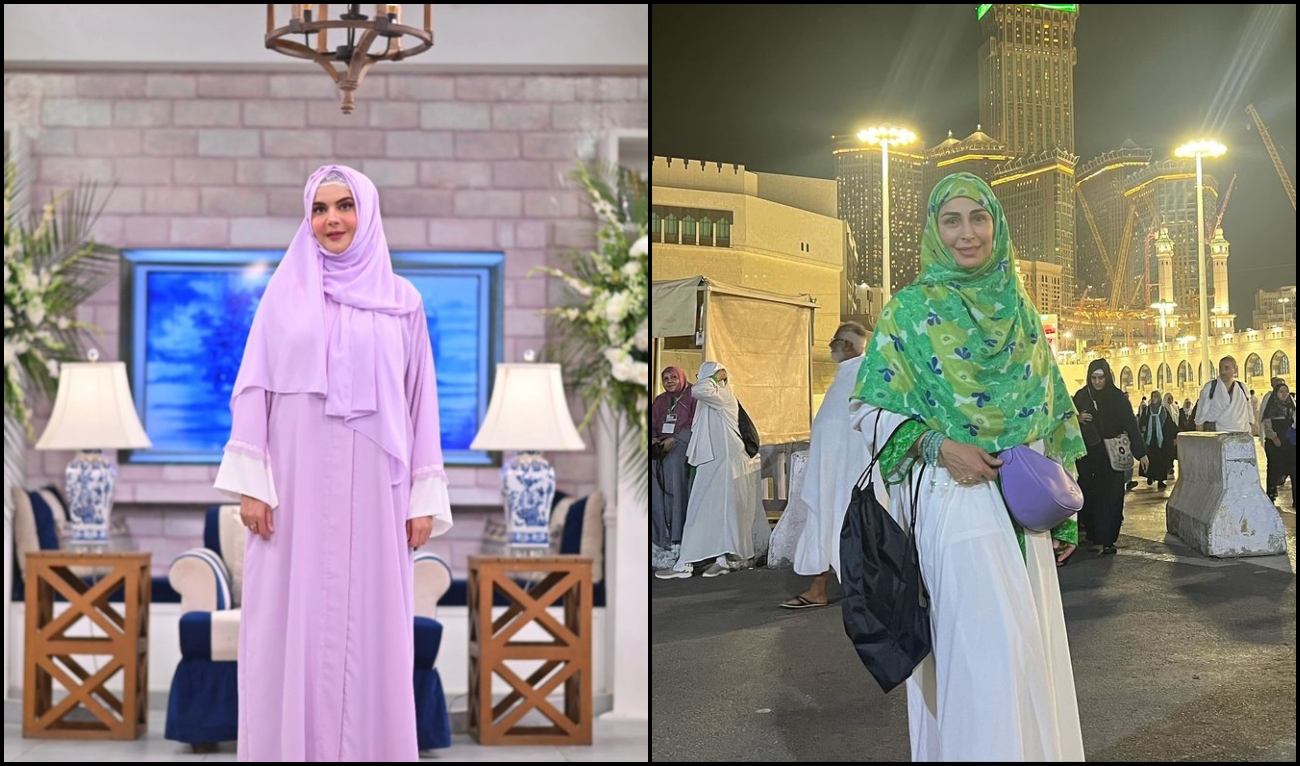 The collage of images created on June 13, 2024 shows Pakistani celebrities Nida Yasir (left) and Reema Khan performing Hajj. (Instagram)