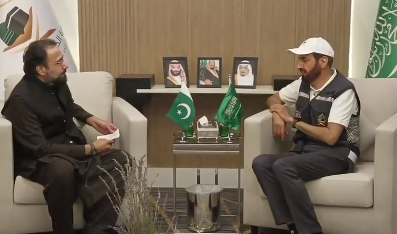 In this screengrab, taken from a handout video released by Pakistan’s Ministry of Religious Affairs on June 14, 2024, Pakistani Religion Minister Chaudhry Salik Hussain meets Saudi Minister of Hajj and Umrah Dr. Tawfiq bin Fawzan Al-Rabiah in Makkah. (Photo courtesy: MORA)