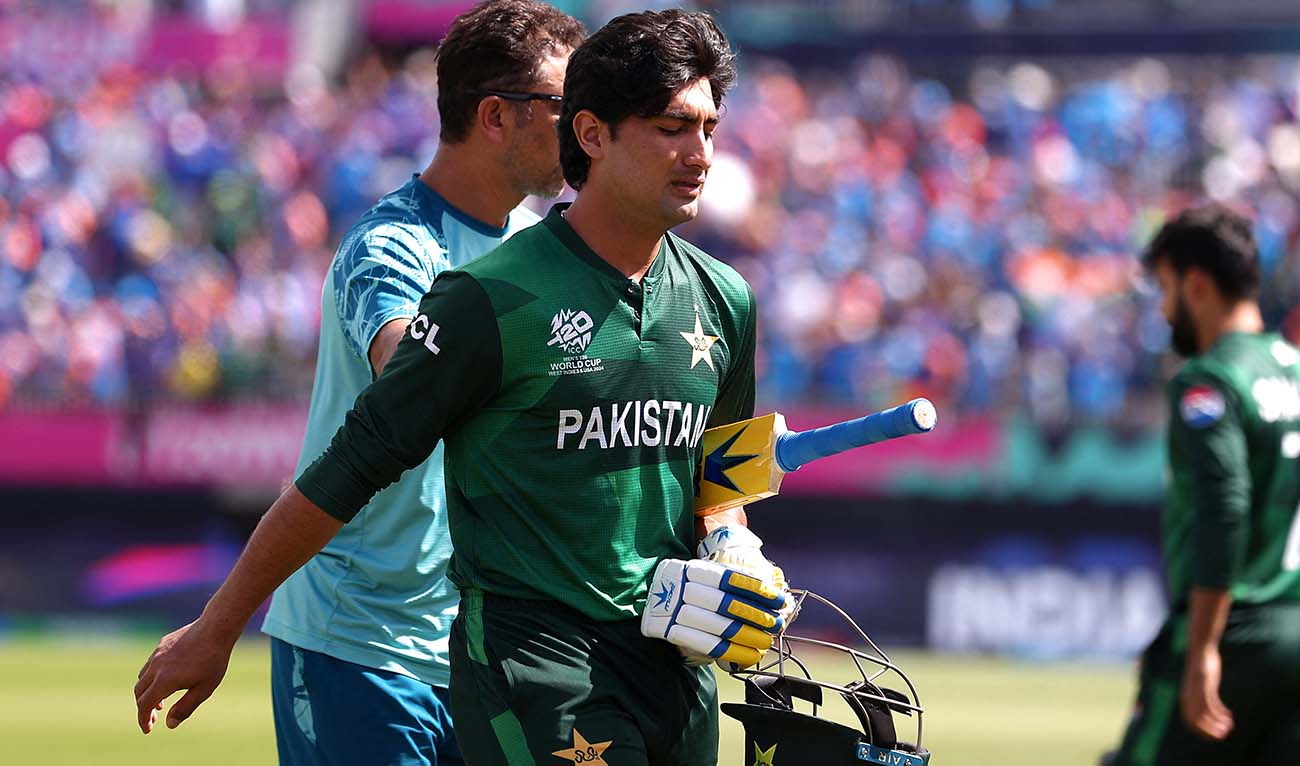 Naseem Shah of Pakistan Shows dejection after being dismissed during the ICC Men's T20 Cricket World Cup West Indies & USA 2024 match between India and Pakistan at Nassau County International Cricket Stadium on June 09, 2024 in New York, New York. (AFP/File)