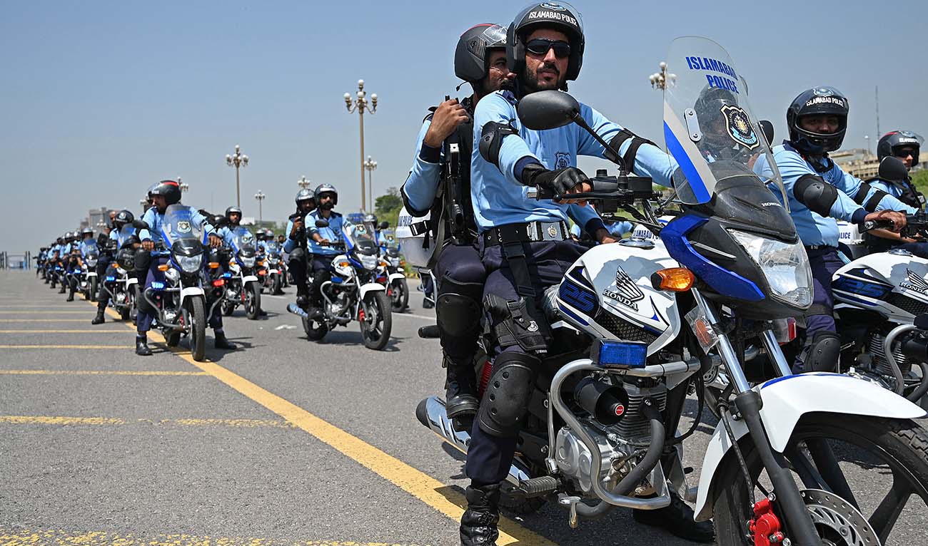 Police personnel from the 'Eagle Squad Unit' start patrolling the streets during a ceremony in Islamabad on June 18, 2021. (AFP/File)