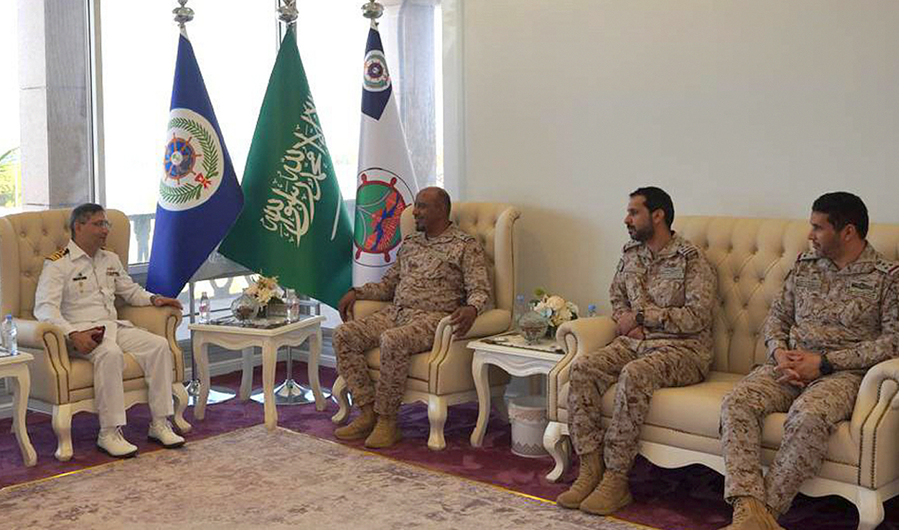 In this handout photograph, taken and released by Director General Public Relations Pakistan Navy on June 19, 2024, Pakistan’s commanding officer of PNS Babur (left) meets Deputy Western Fleet Commander, Rear Admiral Yahya Mohammad Majrashi, of the Royal Saudi Navy as Pakistan naval ship Babur visits Jeddah. (Photo courtesy: Pakistan Navy)