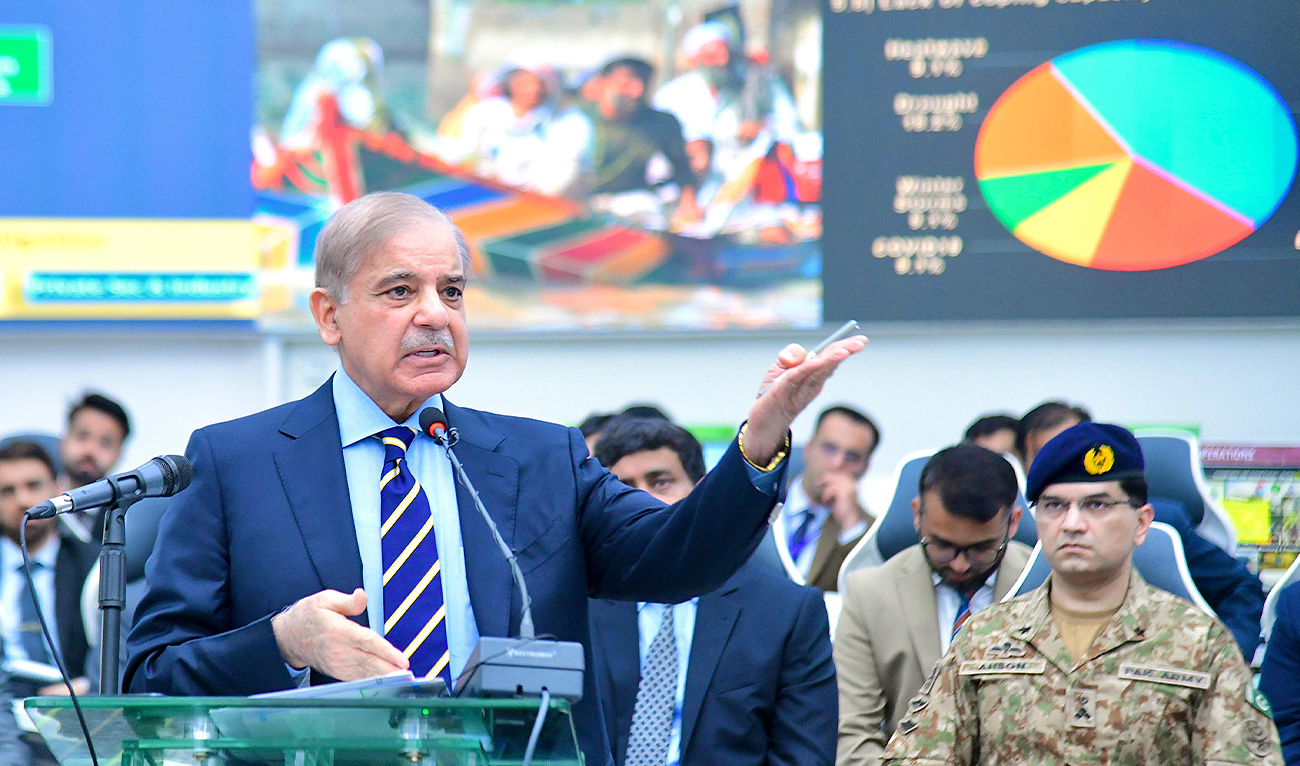 Pakistan Prime Minister Shehbaz Sharif is addressing officials during his visit to National Emergencies Operation Center in Islamabad, Pakistan on June 20, 2024. (Government of Pakistan)