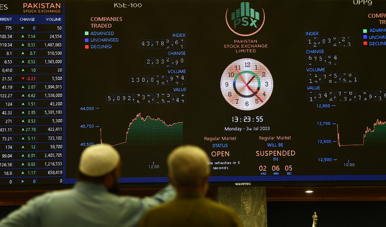 Stockbrokers monitor the latest share prices at the Pakistan Stock Exchange (PSE) in Karachi on July 3, 2023. (AFP/File)