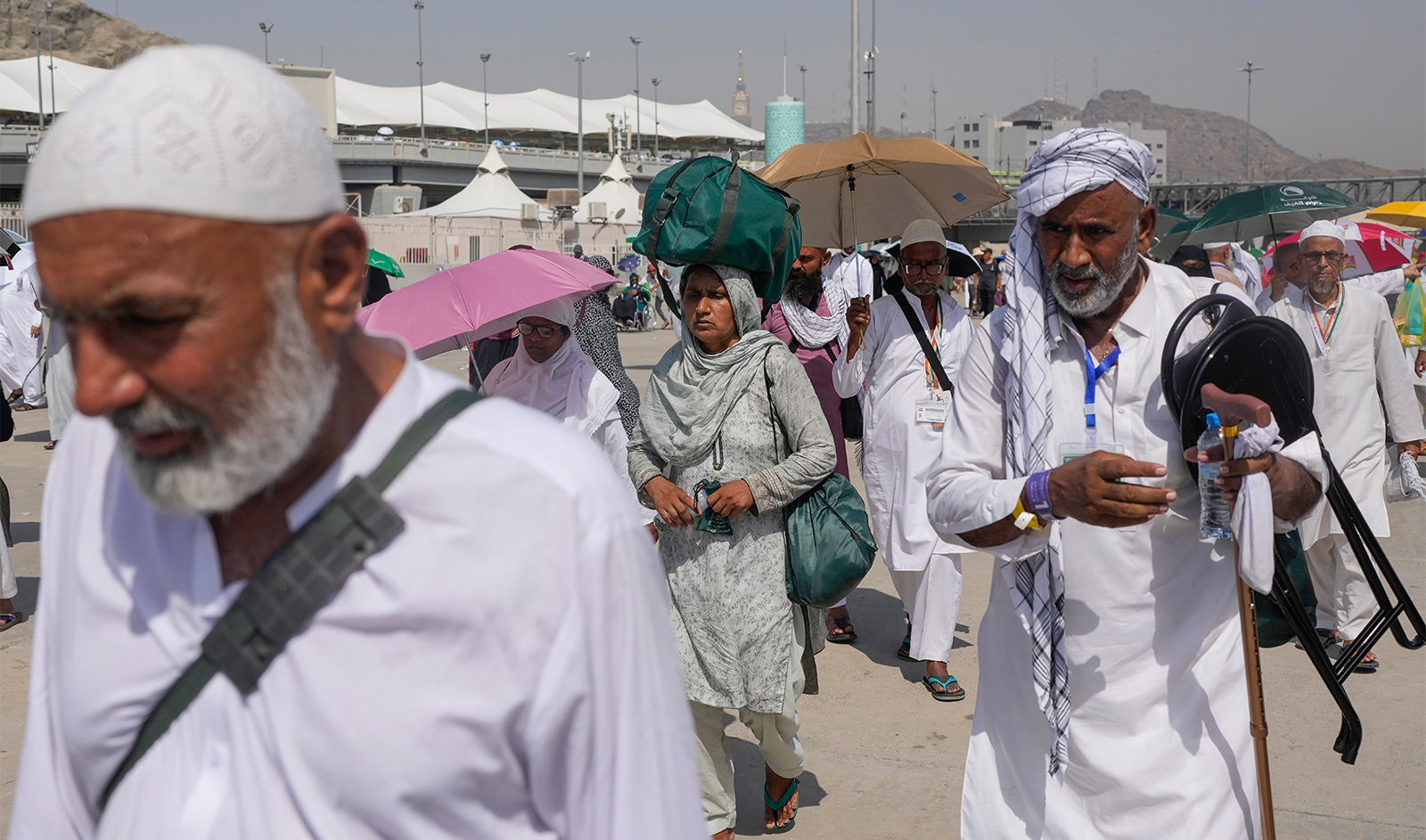 Muslim pilgrims arrive to cast stones at pillars in the symbolic stoning of the devil, the last rite of the annual hajj, in Mina, near the holy city of Makkah, Saudi Arabia, on June 18, 2024. (AP)
