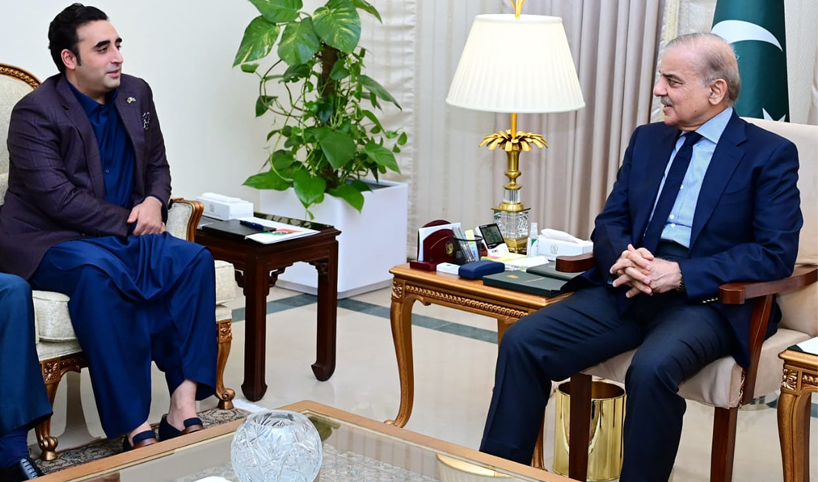 Pakistan Prime Minister Shehbaz Sharif (right) meets PPP Chairman Bilawal Bhutto-Zardari in Islamabad, Pakistan on June 20, 2024. (Government of Pakistan/X)