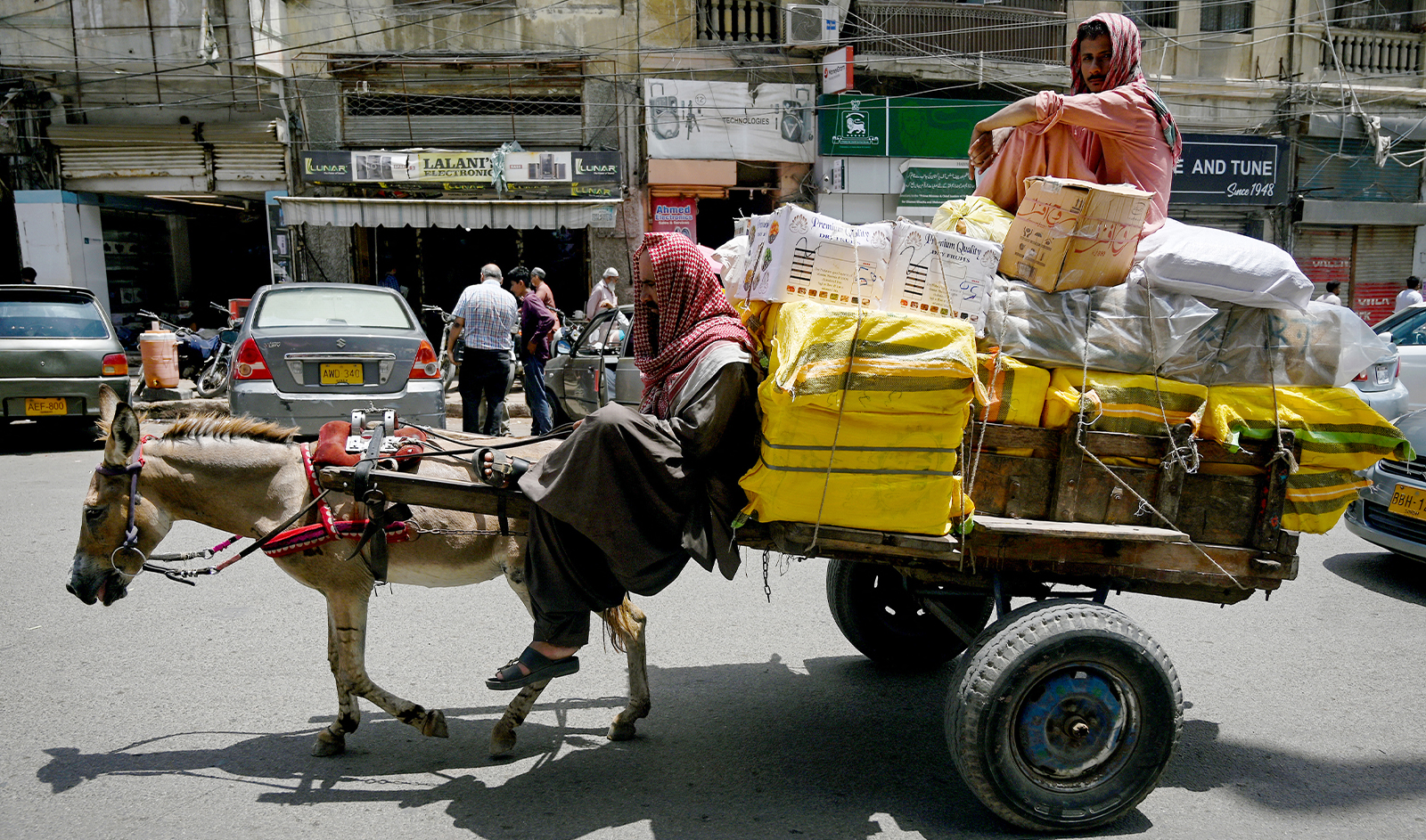 Labourers transport dry fruits on a donkey-cart along a street in Karachi on June 12, 2024. (AFP/File)