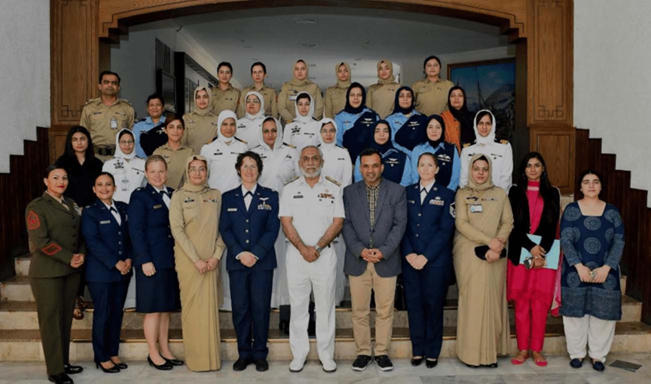 Female officers from the Office of Defence Representative of Pakistan (ODRP) and Pakistani military officers from all three services gathered earlier this year as part of a State Department-sponsored program. (State Dept/ website)