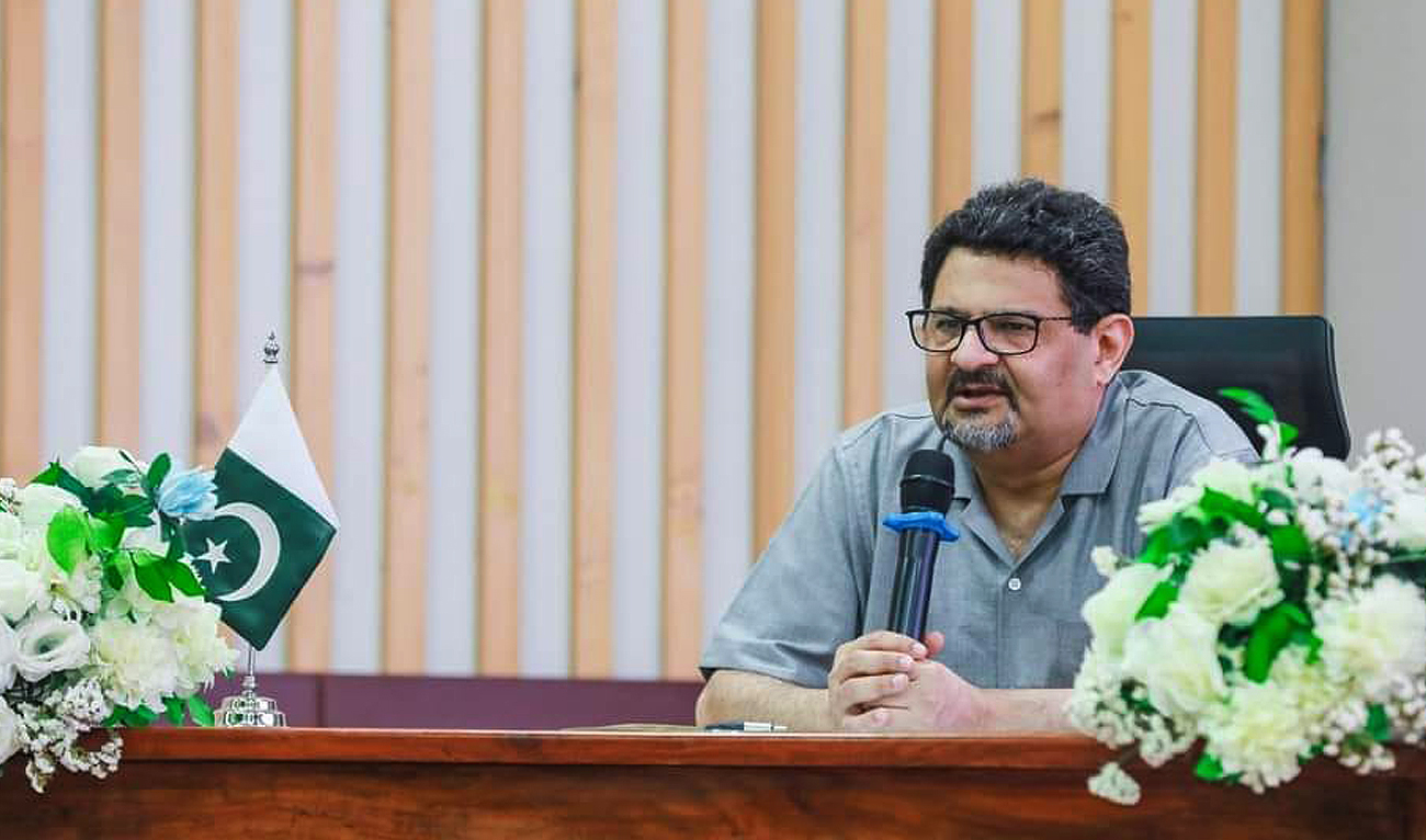 In this photo, posted on March 20, 2024, Pakistan’s former finance minister Miftah Ismail speaks during an event in Karachi. (Photo courtesy: Facebook/DrMiftahIsmail)