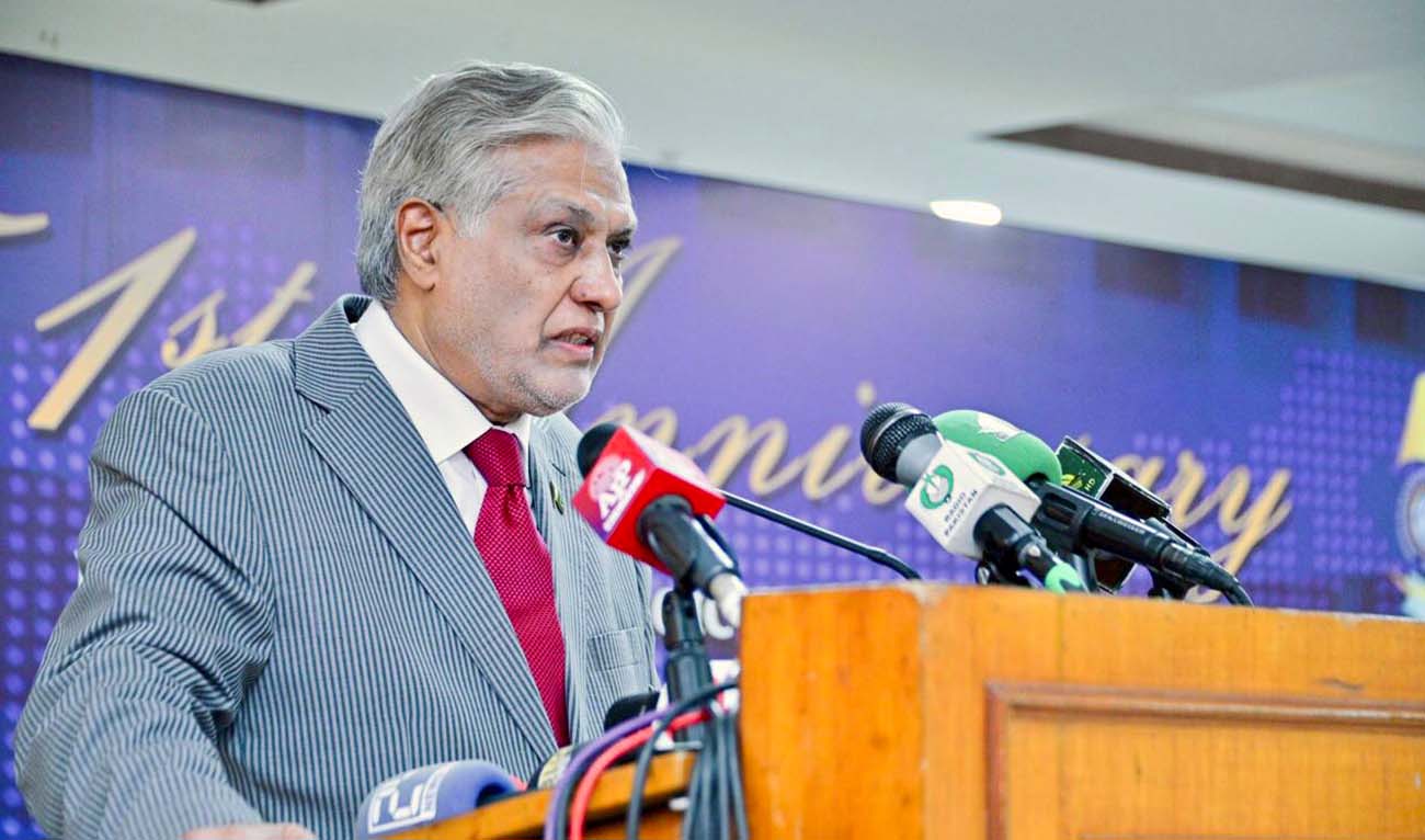 Pakistan Foreign Minister Ishaq Dar addresses the 51st Foundation Day of the Institute of Strategic Studies Islamabad on June 25, 2024. (Photo courtesy: @ForeignOfficePk/X)