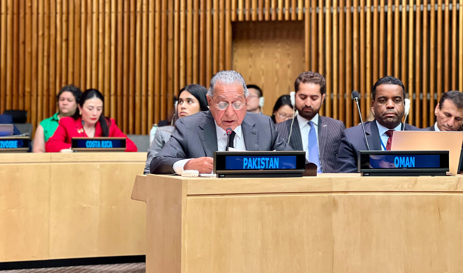Permanent representative of Pakistan to the UN, Munir Akram, is addressing 2024 ECOSOC Humanitarian Affairs Segment in New York, Pakistan on June 26, 2024. (@PakistanUN_NY/X)