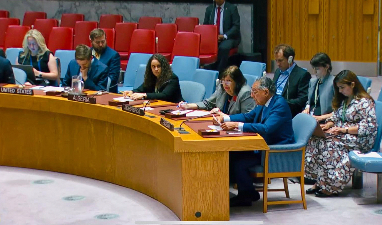 In this handout photograph, taken and released by Permanent Mission of Pakistan to the United Nations, Ambassador Munir Akram speaks at the Security Council open debate in New York on June 26, 2024. (Photo courtesy: X/@PakistanUN_NY)