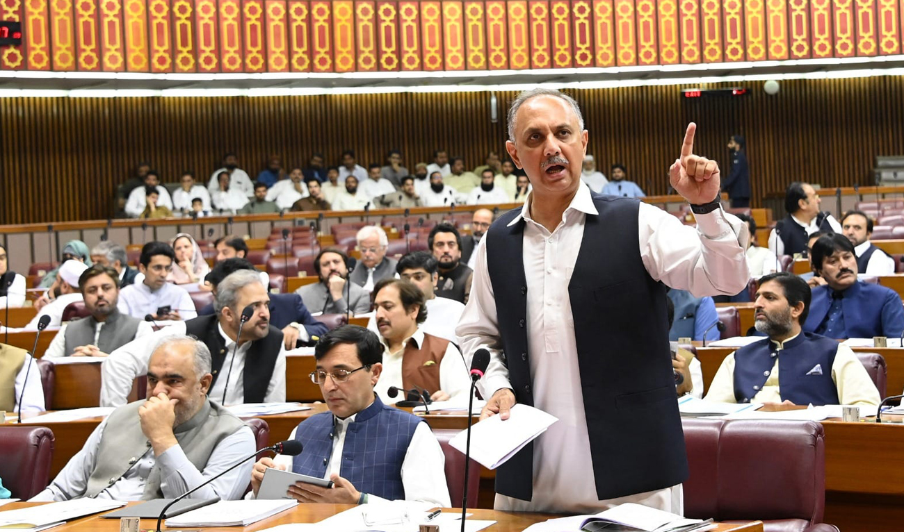 Omar Ayub Khan, the leader of the opposition in the National Assembly, speaks during a parliamentary session in Islamabad on June 28, 2024. (Photo courtesy: X/@NAofPakistan)