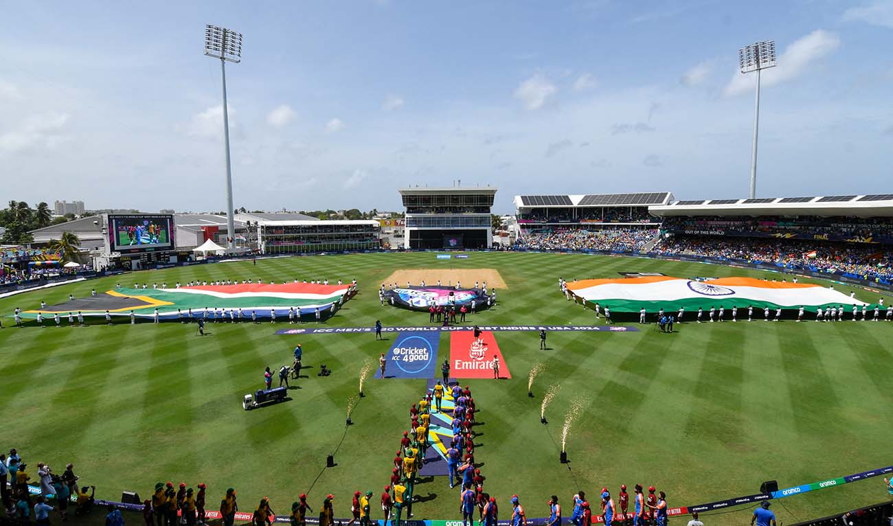 South Africa and India teams arrive on the field before the ICC men's Twenty20 World Cup 2024 final cricket match between India and South Africa at Kensington Oval in Bridgetown, Barbados, on June 29, 2024. (AFP)