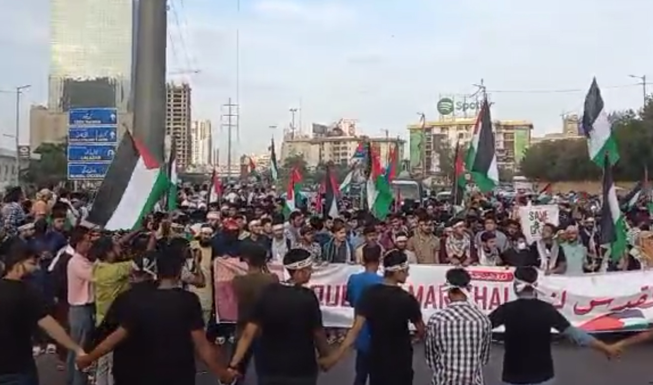 The still image taken from a video shows a rally organized by the Islami Jamiat-e-Talaba, with affiliation with the Jamaat-e-Islami (JI) party, in Pakistan’s southern Karachi port city on June 30, 2024. (Photo courtesy: Islami Jamiat-e-Talaba)