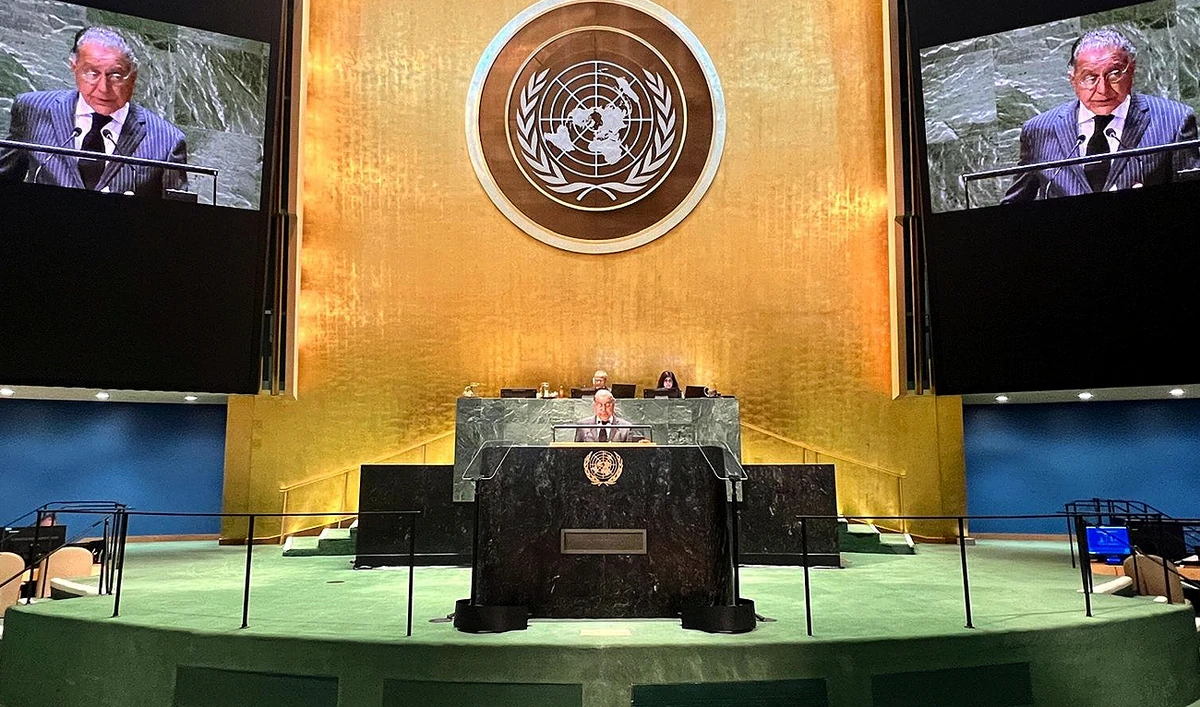 Pakistan’s Permanent Representative to the United Nations Ambassador Munir Akram speaks during a General Assembly meeting to review Palestine’s application for full membership at the United Nations in New York on May 1, 2024. (Photo courtesy: Pakistan Mission to UN)