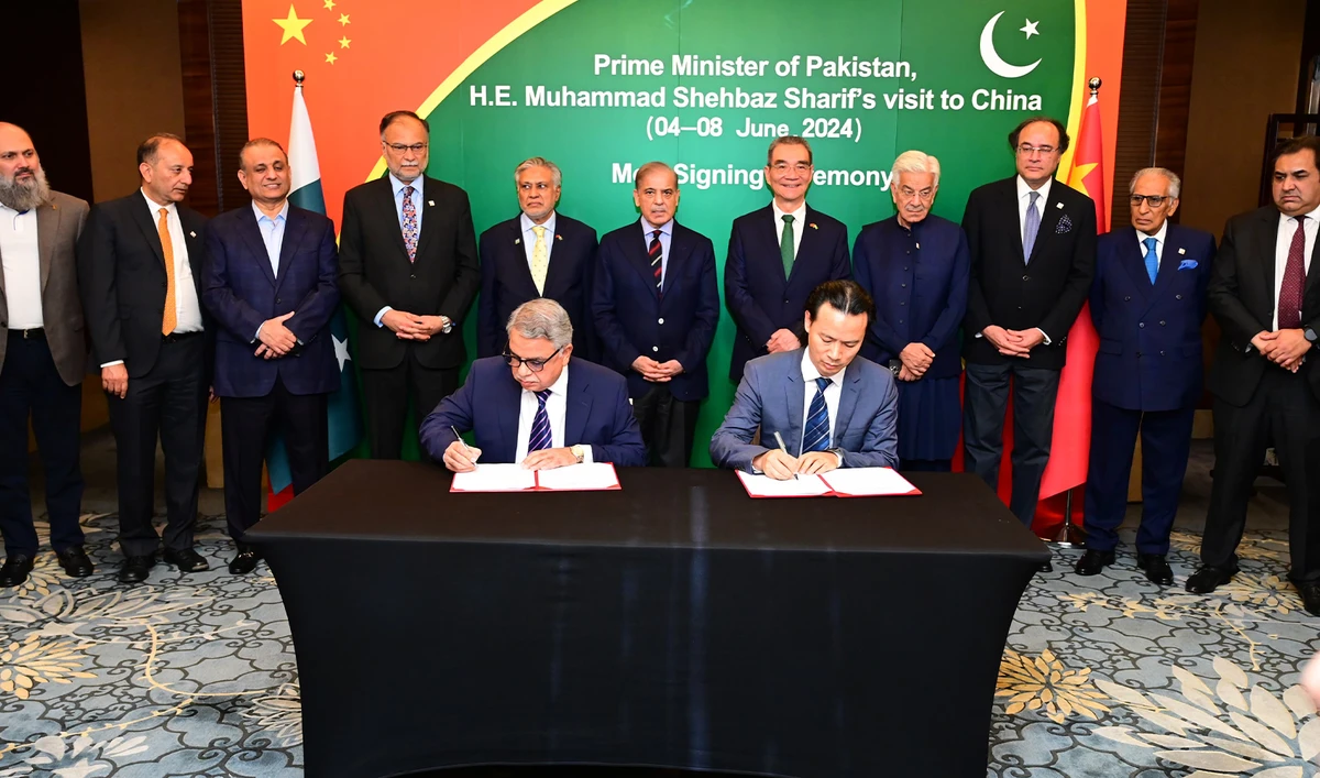 Pakistan Prime Minister Muhammad Shehbaz Sharif (sixth from left in the second row) witnesses signing multiple Memorandums of Understanding (MoUs) between China and Pakistan in Beijing, China, on June 6, 2024. (Government of Pakistan)