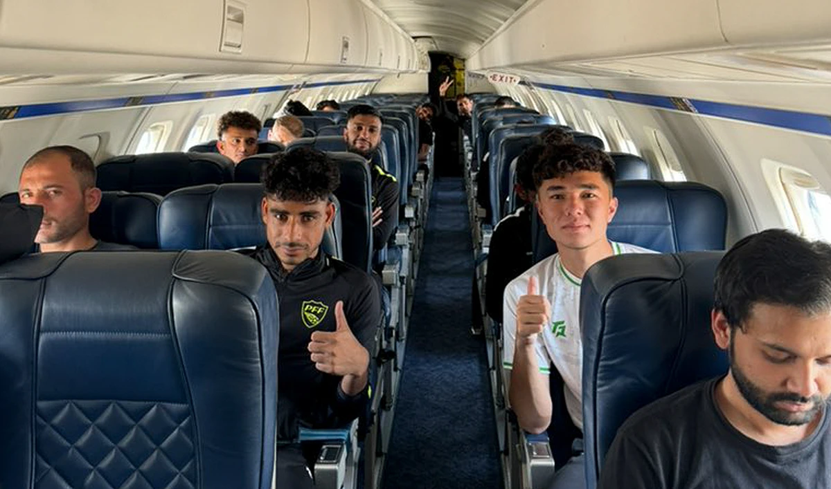 Pakistan national football team players aboard a special flight at the Noor Khan Air Base in Rawalpindi on June 11, 2024, ahead of the FIFA qualifier against Tajikistan. (Photo courtesy: PFF)