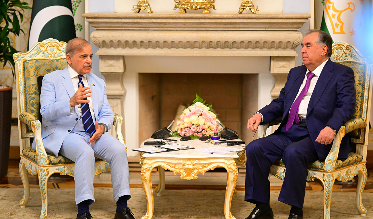 Prime Minister Shehbaz Sharif meets the President of Tajikistan Emomali Rahmon in, Dushanbe, Tajikistan on July 2, 2024. (PMO)