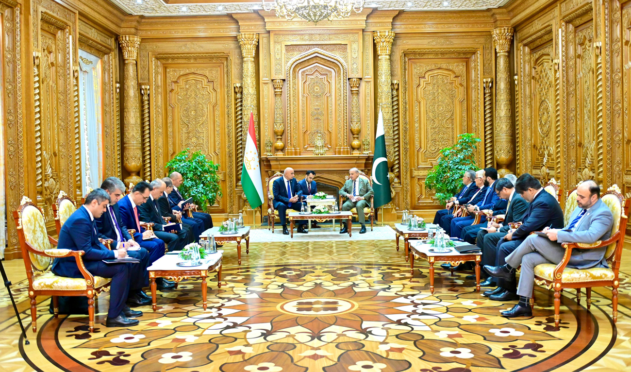 Chairman of Tajikistan’s Low Chamber of the Parliament, Muhammadtoir Zokirzoda, gestures during his meeting with Pakistan Prime Minister Shehbaz Sharif in Dushanbe on July 3, 2024. (Photo courtesy: PMO)