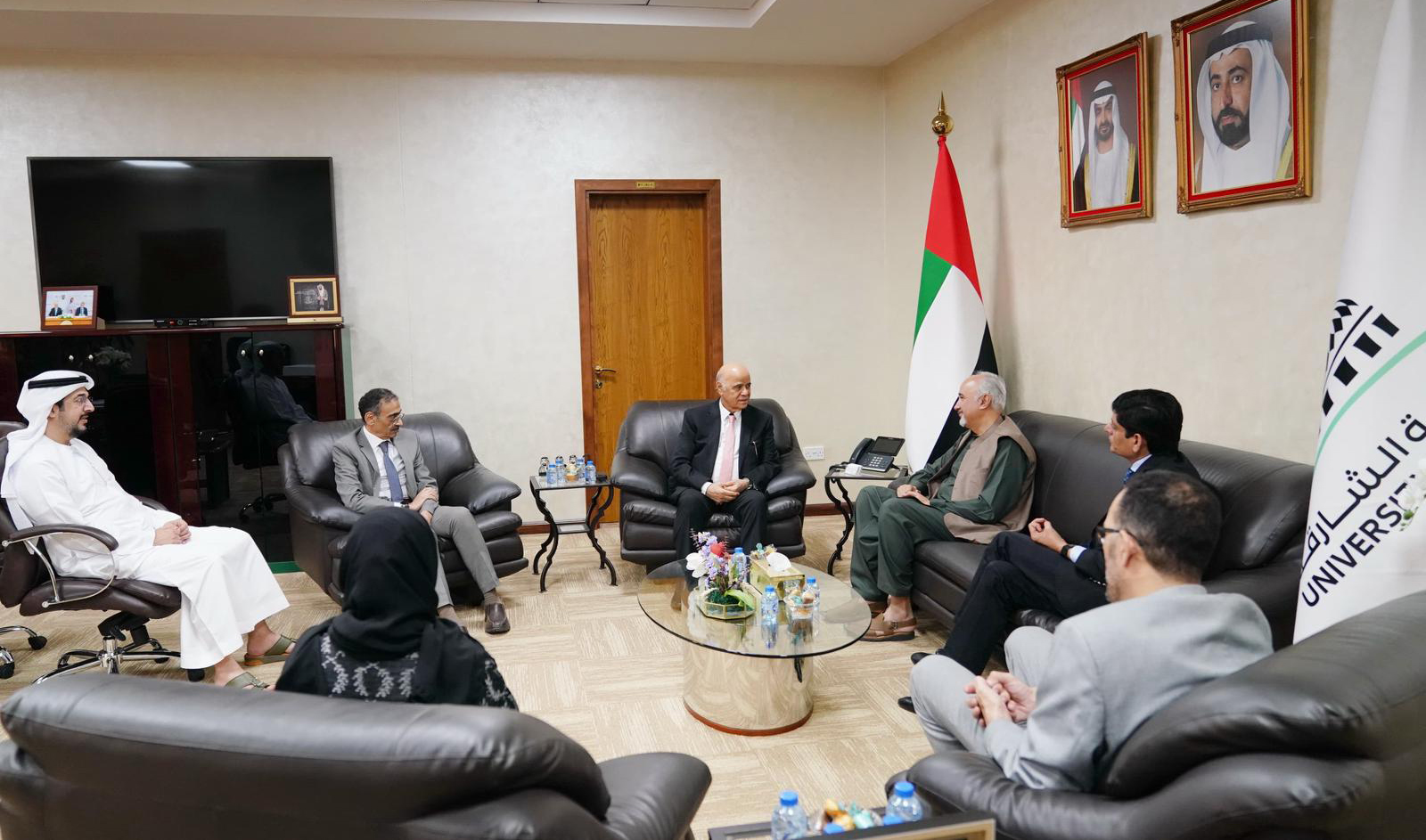 Pakistan’s Envoy to United Arab Emirates, Ambassador Faisal Niaz Tirmizi (third from right) holds a meeting with Chancellor of the University of Sharjah, Dr. Humaid Majoul Al Nuaimi, during his visit to University of Sharjah in Sharjah, UAE on July 3, 2024. (Pakistan Embassy in Abu Dhabi)