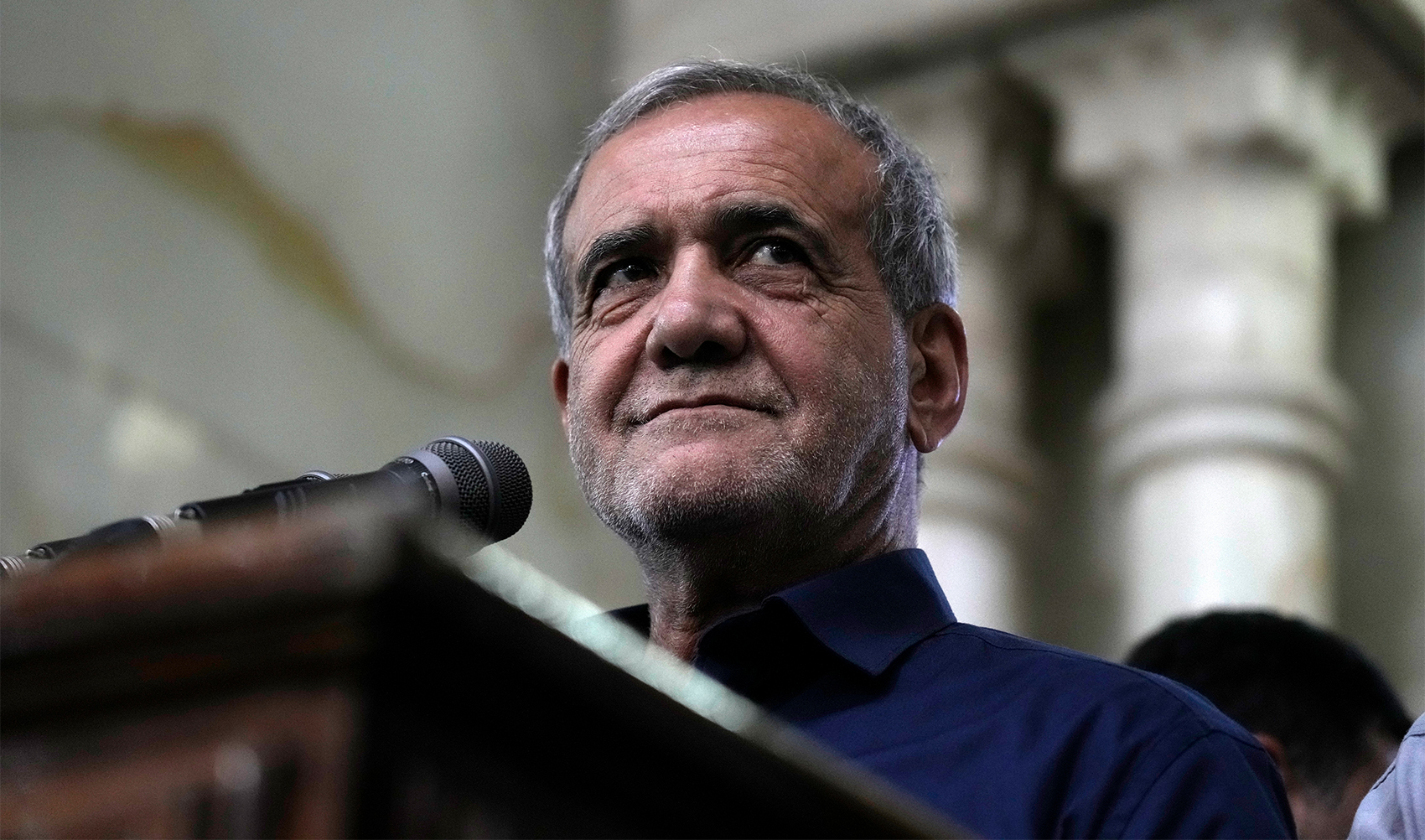 Iran's President-Elect Masoud Pezeshkian speaks during a meeting a day after the presidential election, at the shrine of the late revolutionary founder Ayatollah Khomeini, just outside Tehran, Iran, on July 6, 2024. (AP)